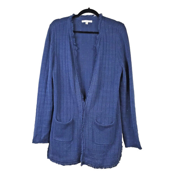 Cabi Womens Medium Navy Blue Speckled Duchess Cardigan Long Fringe Hems Pockets - Picture 1 of 11
